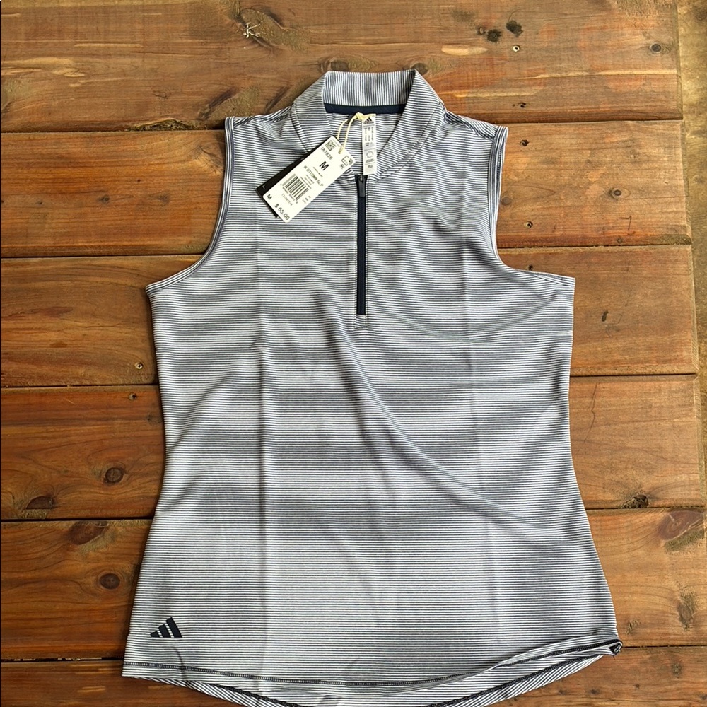 Adidas Navy and White Fitted Sleeveless Golf Polo